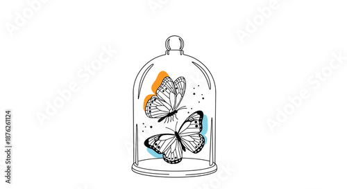 Artistic illustration of two butterflies captured inside a glass bell jar with delicate line art and orange and blue color accents.