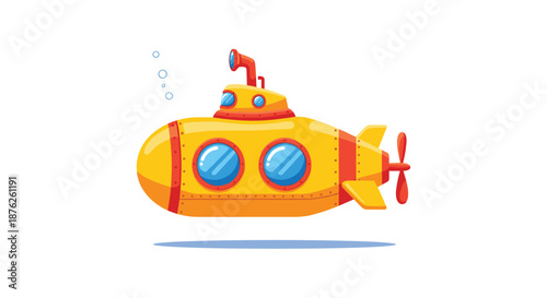 Bright yellow submarine with red accents and round blue windows navigating through the water under the sea in a fun cartoon style on white.