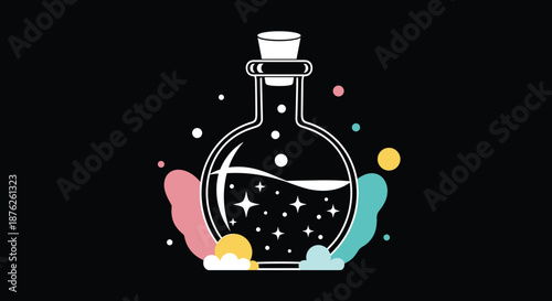 Magic potion bottle illustration with sparkling stars and colorful pink and turquoise liquid clouds on black background.