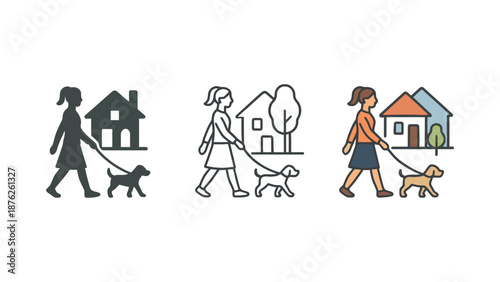 A woman walking her dog in a neighborhood with houses
