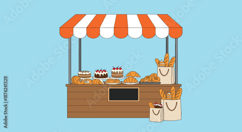 Charming bakery stall illustration featuring a variety of fresh breads, cakes and croissants under striped orange awning.