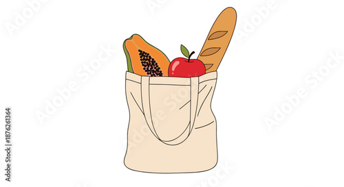 Reusable fabric tote bag filled with fresh groceries including half a papaya, a red apple and a long baguette.