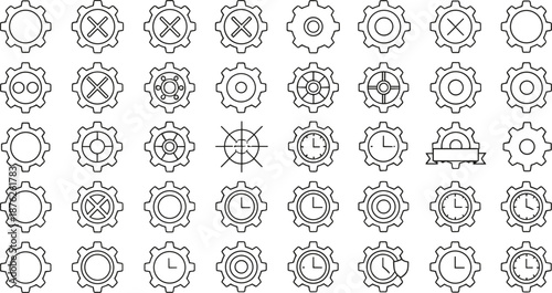 Gear and settings vector icon set featuring mechanical cogs, time symbols, crossed elements, configuration tools, and engineering graphics