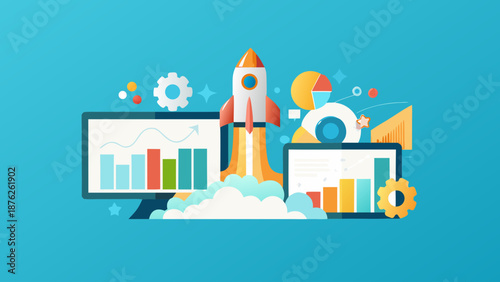 Flat vector illustration of a startup growth and innovation concept with a rocket launching from a cloud surrounded by computer screens and graphs on a blue background