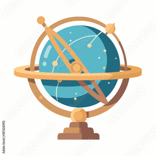 An antique vintage style armillary sphere celestial globe illustration used for astronomical study and home decor concepts with a flat design vector aesthetic.