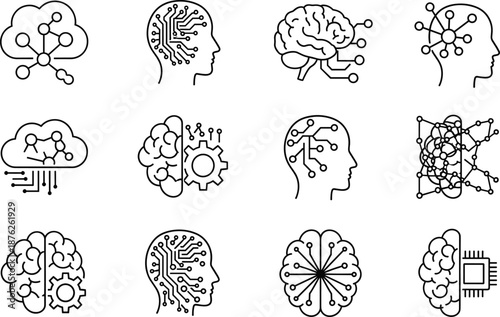 Artificial intelligence brain vector icon set featuring neural networks, machine learning, digital mind technology, circuits, and innovation symbols