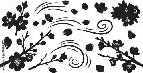 Black floral silhouettes with swirling leaves and branches design
