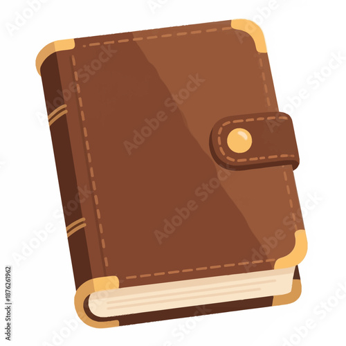 Vintage brown leather journal with a secure clasp and golden corners perfect for personal diaries or magic spell books in a professional flat vector graphic.
