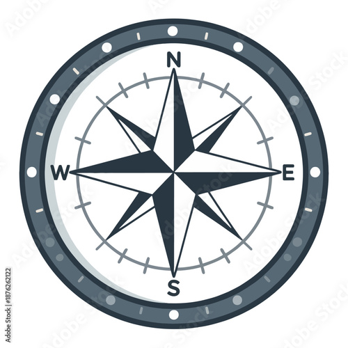 Classic nautical compass rose showing cardinal directions North South East and West for outdoor navigation adventure planning and orienteering activities.