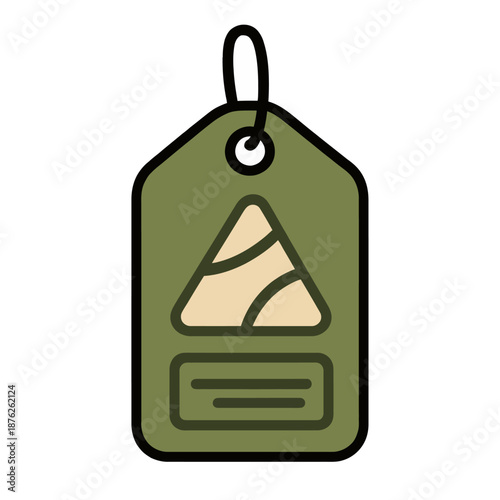 An olive green luggage tag featuring a mountain triangle logo serves as a durable travel accessory identifier for bags and adventure gear labels for hikers.