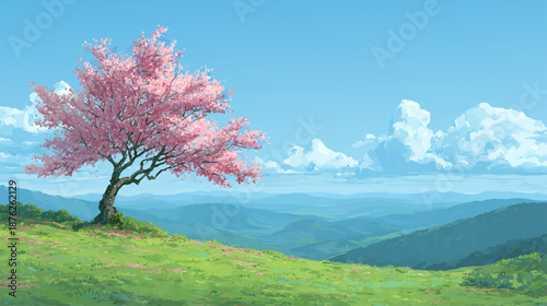 桜が咲く丘の風景 ベクターイラスト背景
