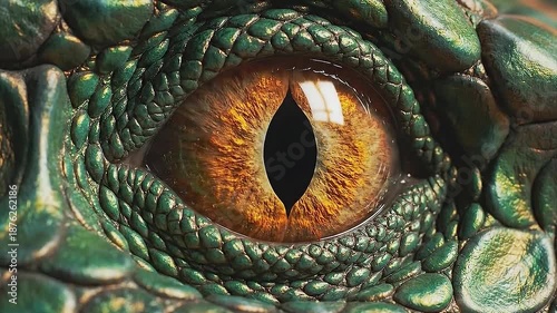 Extreme macro close-up of a green reptilian eye with a vertical pupil blinking and contracting.