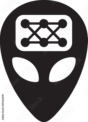 Alien brain neural network structure inside head for artificial intelligence concept outline