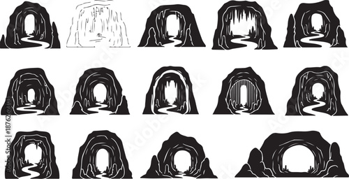 Illustration of various cave entrance designs in black and white