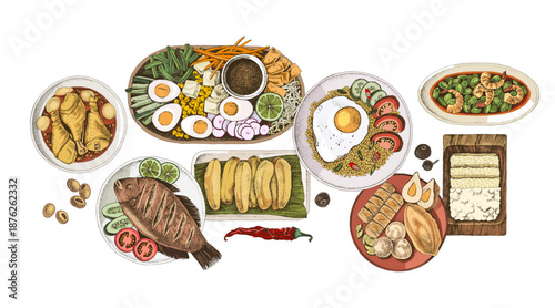 Indonesian cuisine hand drawn vector