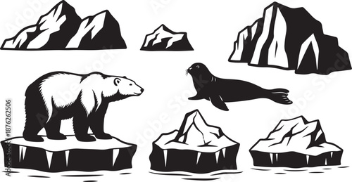 Black and white illustration of Arctic wildlife and icebergs