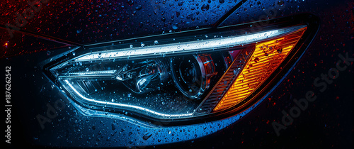 Modern car headlight with LED lights and turn signal in the rain at night