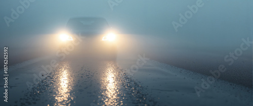 Car driving through thick fog on a wet road with headlights on