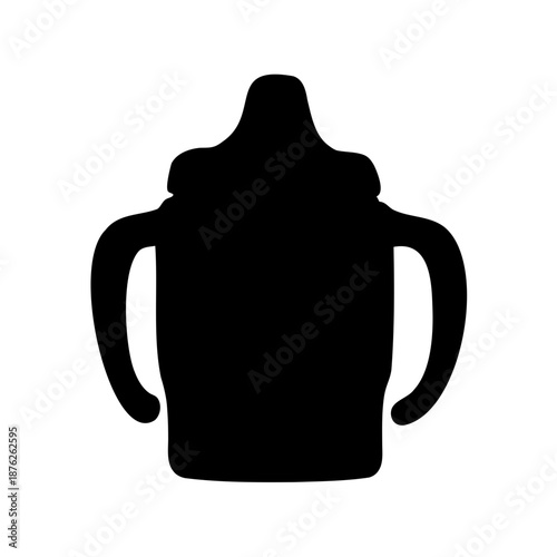 A simple black and white silhouette of a sippy cup with handles