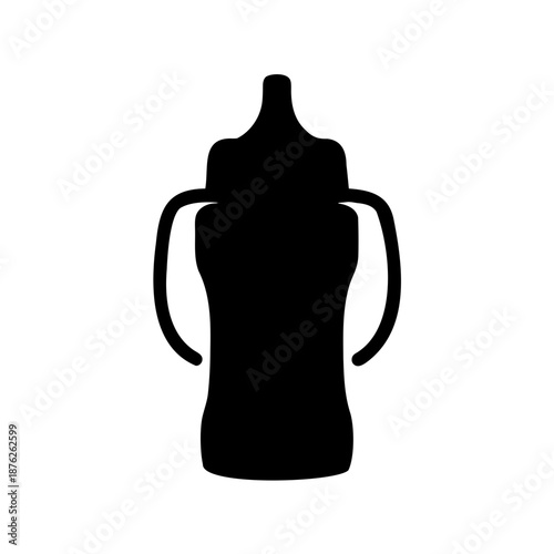 Black silhouette of a baby bottle with handles isolated on white