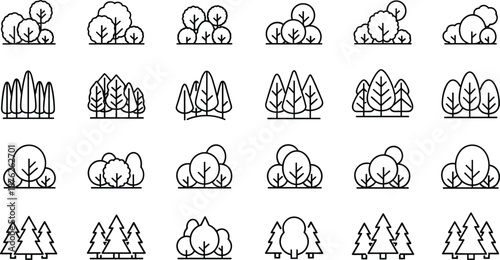 Tree and bush vector icon set featuring various forest plants, landscape foliage, nature elements, park greenery, and outdoor scenery