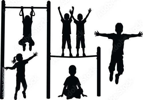Black silhouettes of children playing on playground equipment, kids climbing, jumping, and hanging on bars, isolated on white background, outdoor activity.