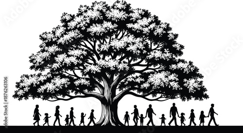 Silhouette of diverse family generations and children walking together under a large, branching oak tree representing life, growth, and genealogy.