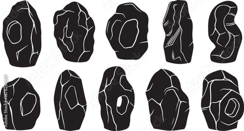 Collection of black stones with white outlines isolated