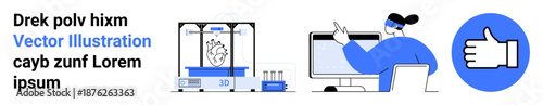 3D printing, technology advancements, innovation, research, design, approval workflow. Scientist at computer monitoring 3D printer next to thumbs-up icon. 3D printing and technology advancements