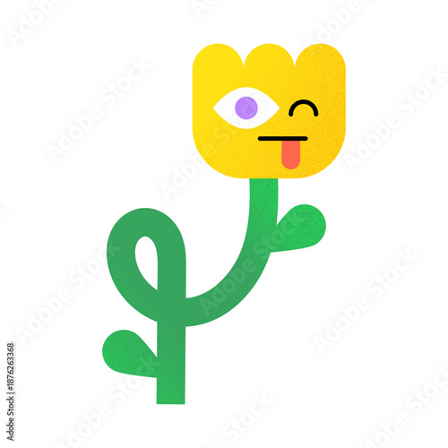 Cute Flat Flower Character Sticking Tongue Out with Grainy Texture