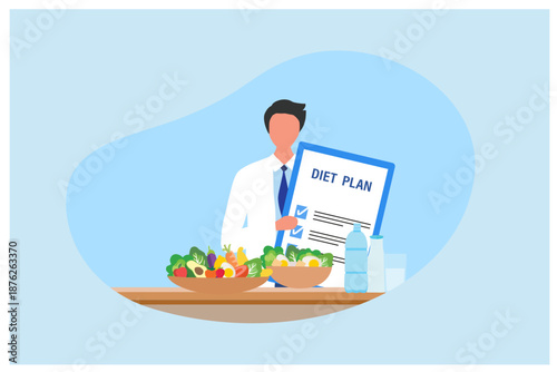 Nutritionist holding diet plans and advising on Healthy Eating for healthy vector illustration
