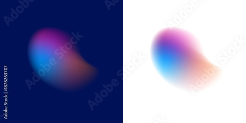 Abstract liquid gradient circle shows neon colors across glossy blot layer, drifting drops, color elastic form, curved shape. Radiant prism shimmer appears. Vector png banner element.