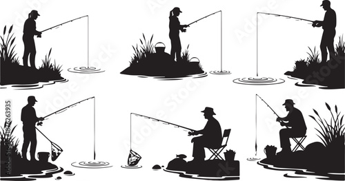 Silhouette of people fishing in various serene natural settings
