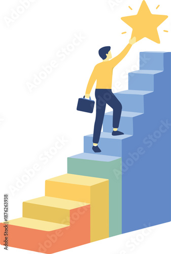 Flat vector illustration of personal growth and success concept with a person climbing steps toward goals and achievements