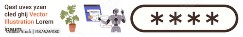 Digital security, password protection, online safety, AI assistance, technology, nature. Robot managing passwords next to encryption icon and plant. Digital security and password protection concept