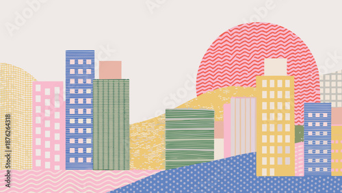 Colorful abstract flat vector cityscape with tall buildings and geometric shapes