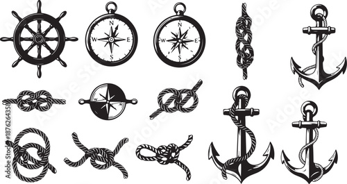 Nautical symbols and anchors on a white background illustration