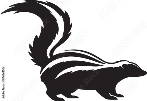 A black silhouette of a skunk standing on a white background