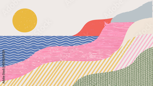 Minimal flat vector illustration of a coastal cliff with pastel colors and wavy sea