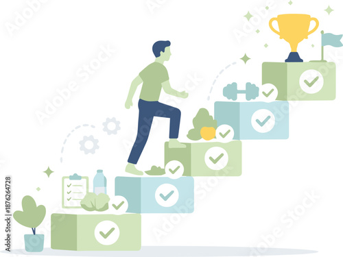 Flat vector illustration of personal growth and success concept with a person climbing steps toward goals and achievements