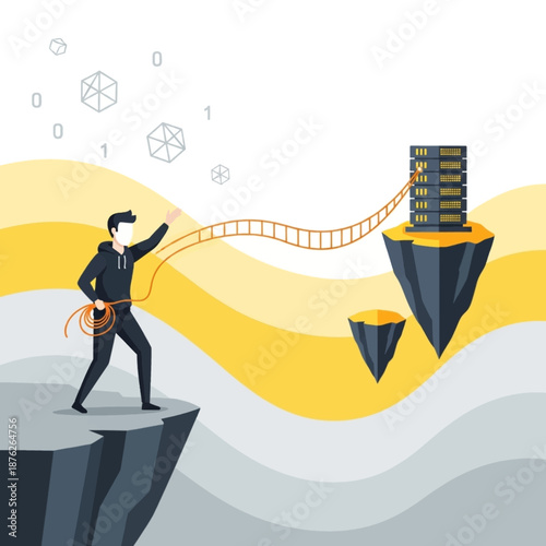 A determined developer skillfully throws a rope bridge toward a remote floating data server rack representing complex connectivity challenges on transparent background
