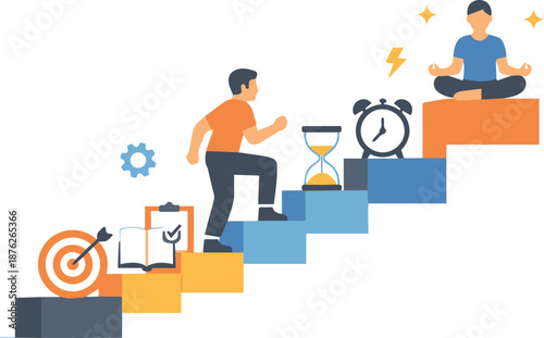 Flat vector illustration of personal growth and success concept with a person climbing steps toward goals and achievements