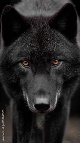 A striking black wolf moves gracefully through the darkness, its golden eyes glowing softly in the dim light. This captivating creature embodies the allure of the wild at twilight