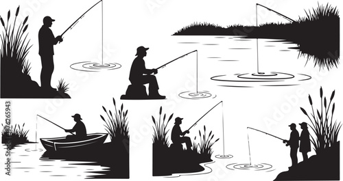 Silhouette of men fishing in various serene natural settings