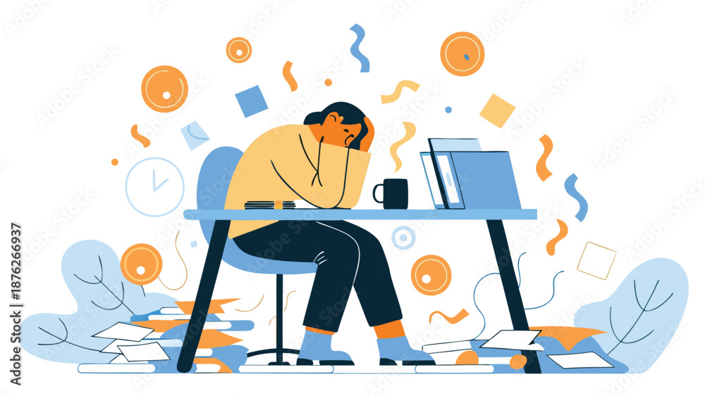 Fototapeta premium Overwhelmed businesswoman struggling with stress at her cluttered office desk