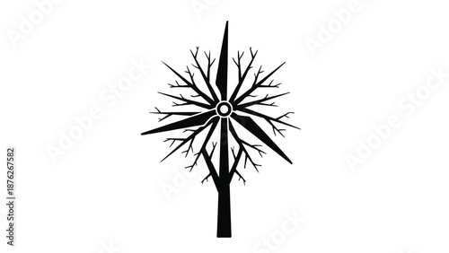 Abstract representation of a wind turbine integrated with a tree, symbolizing renewable energy and nature.