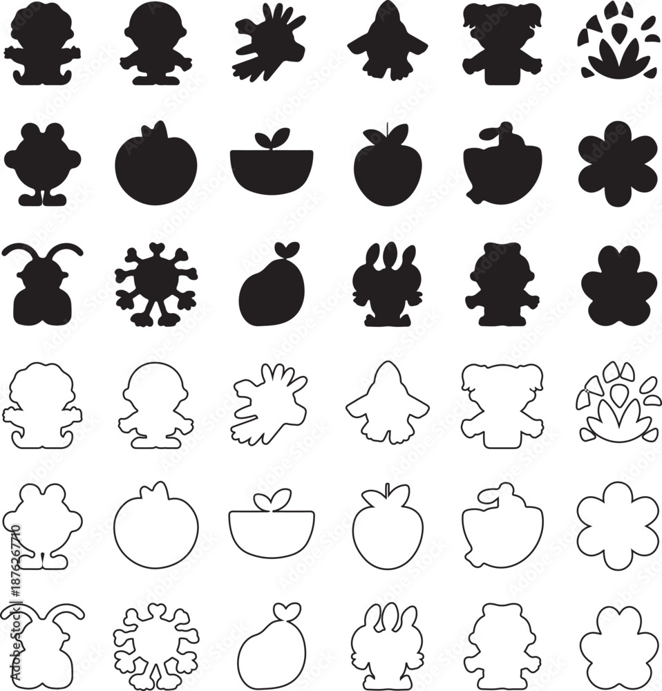 Obraz premium Collection of black and white icons featuring various animal and food silhouettes