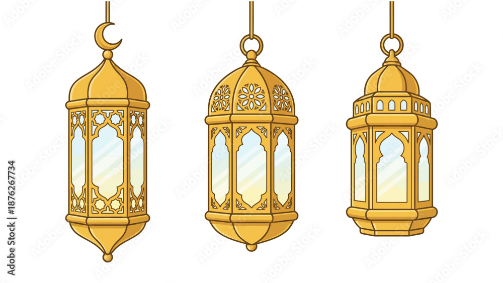 Obraz premium Three ornate golden Islamic lanterns with intricate patterns and glass panels, suitable for Ramadan or Eid celebrations.