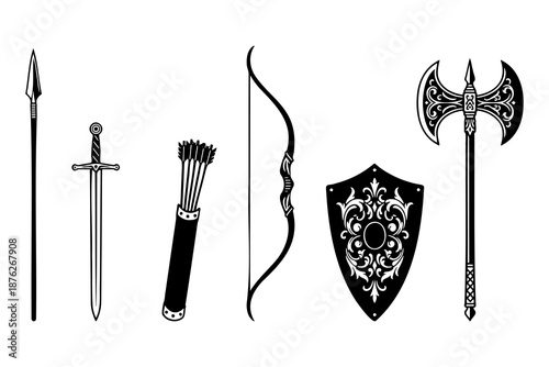 Medieval fantasy weapon set with sword shield axe bow and spear silhouette