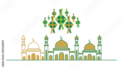 Vector illustration of mosques and ketupat decorations for Eid al-Fitr celebration, symbolizing Islamic culture and festive spirit.